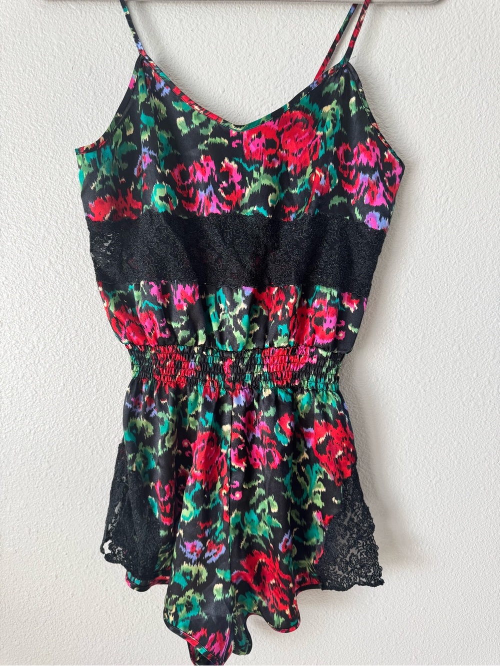 Vintage VS Gold Label Floral Satin Romper With Lace.